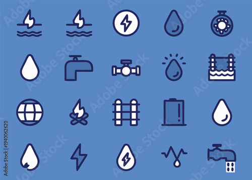 Twenty stylized line icons representing energy sources and utilities are displayed in a grid pattern against a solid blue background.