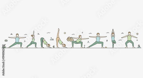 Diverse Yoga Poses Line Art: Health, Wellness, and Fitness Illustration