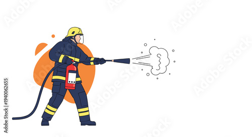 Firefighter in a dark uniform and yellow helmet uses a red fire extinguisher to put out a fire in a professional illustration.