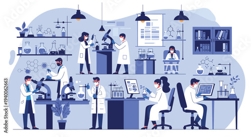 Team of scientists in white lab coats and face masks perform research using microscopes and computers in a modern laboratory.