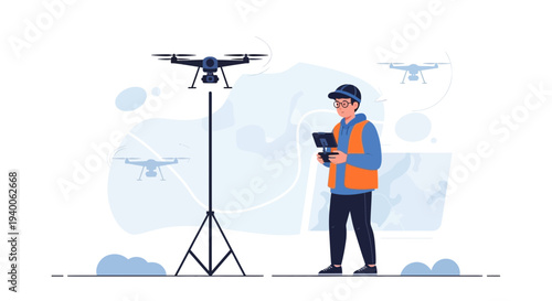 Drone Operator Controlling Aircraft with Remote, Aerial Photography Technology