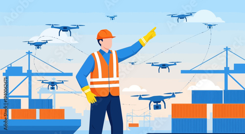 Drone logistics in a port: worker directs aerial drones for cargo delivery and monitoring