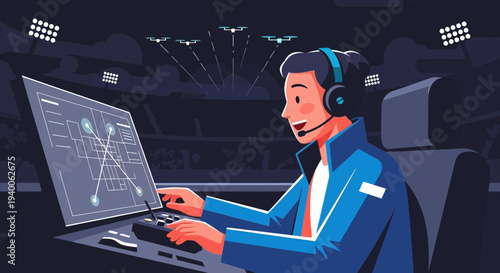 Drone Operator Controlling Fleet From Control Room with Stadium Lights in Background