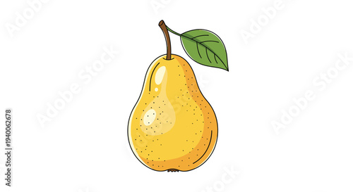 Ripe yellow pear with a small green leaf is shown in a detailed illustration with natural shading and a simple white background.