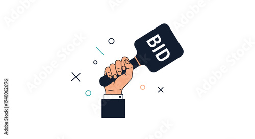 Person raises a bidding paddle with the word bid displayed on it against a simple background with decorative geometric shapes.