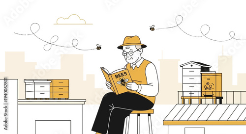 Elderly Beekeeper Reads Book About Bees on Rooftop with Apiary