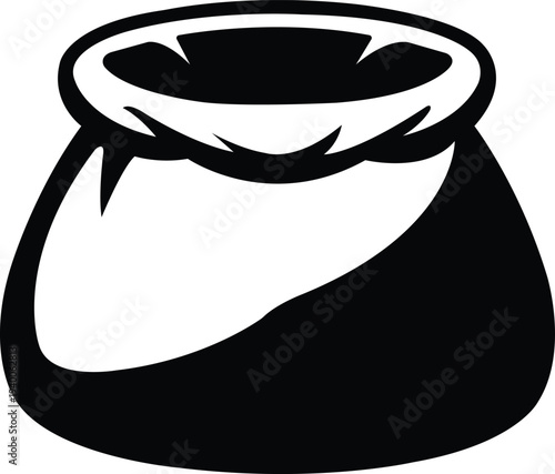 A clean, minimalist black and white vector illustration of an open sack or burlap bag. Versatile icon for agriculture, storage, bulk food packaging, and harvest themes.