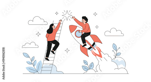 Two ambitious people reach for a bright shining star while one climbs a ladder and the other rides a fast red and white rocket.