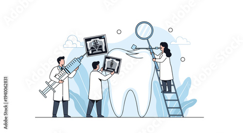 Tiny dentists work on a giant white human tooth using large medical tools and studying X-rays in a creative health illustration.