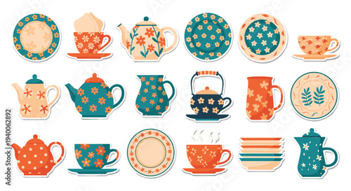 Collection of decorative stickers features various floral patterned teapots, cups, and plates in a charming vintage art style.