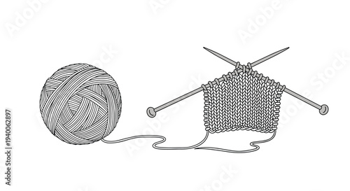 Ball of wool yarn connected to a piece of grey knitted fabric on two metallic needles for a hobby or creative craft project.
