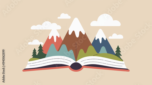 Whimsical illustration of an open book with mountains trees and clouds emerging from pages on beige background