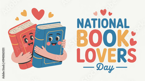 National book lovers day illustration with smiling books and hearts on white background