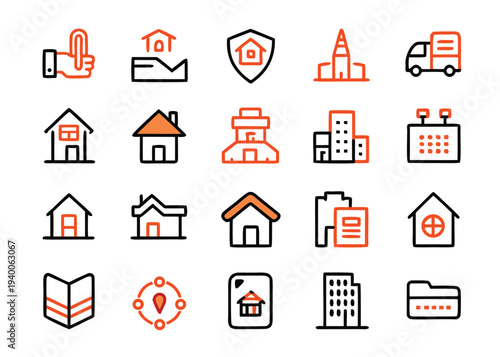 A collection of twenty real estate and property icons featuring houses and buildings are presented in a grid on a white background.
