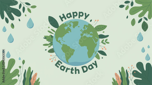 Happy earth day nature banner with green globe leaves raindrops and eco friendly theme for environmental conservation and sustainability