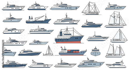 Large set of marine vessel illustrations including luxury yachts, sailboats, cargo ships, and fishing boats on a white background.