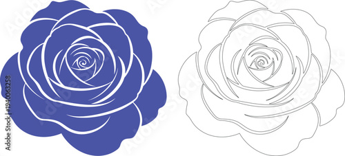 Blue rose silhouette and outline side by side flower