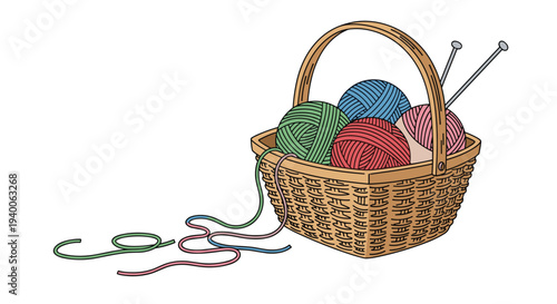 Woven wicker basket containing several colorful balls of yarn in green, blue, red, and pink with two knitting needles.