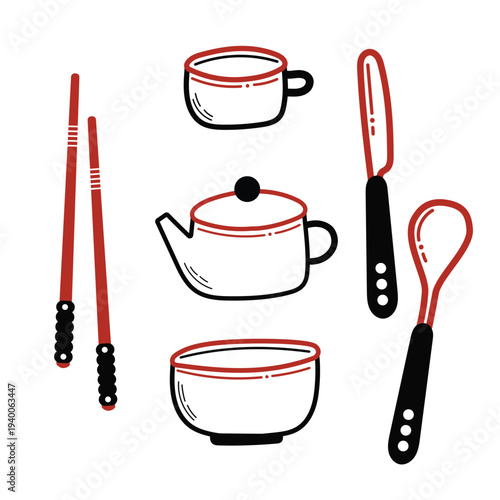 Japanese tableware set with teapot, bowl, cup and chopstick