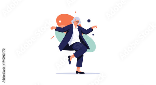 Elderly woman with short white hair and glasses dances joyfully with energetic movements in a stylish navy blue outfit.