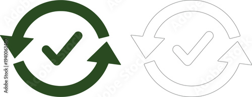 Dark green circular arrows with checkmark symbol circle