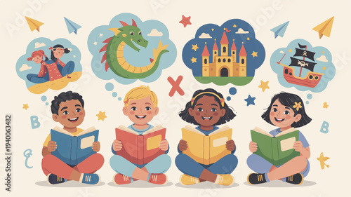 Diverse children reading books with thought bubbles of fantasy and adventure on a beige background