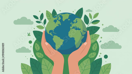 Hands cradling earth globe with green leaves and clouds symbolizing environmental safety and conservation on earth day