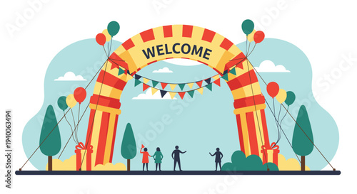 Grand welcome arch decorated with red and yellow stripes, festive balloons, and flags for an outdoor celebration or event.