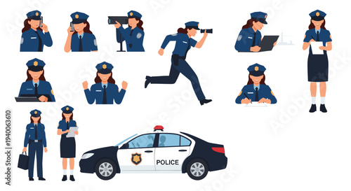 Collection of female police officer characters in various actions like running, using a radio, writing reports, and with a patrol car.