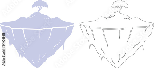 Floating island with tree silhouette and outline