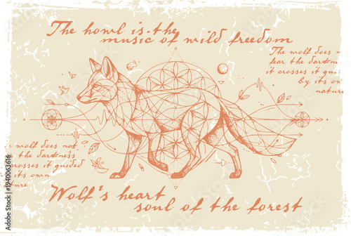 The wolf emerges from fluid lines, merging with nature. Handwritten text narrates this vital union. Pure art, wild strength, and balance in a single image.