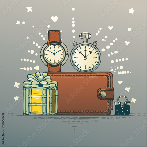Illustrated collection of personal finance and time management items.