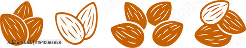 Almond Nut Icon Set Four Variations Flat Outline and Silhouette Brown Vector Illustration for Food and Health Design