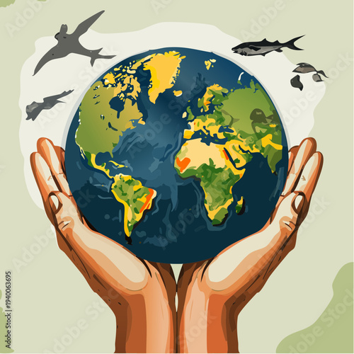 Caring hands holding planet Earth with diverse animal silhouettes.
