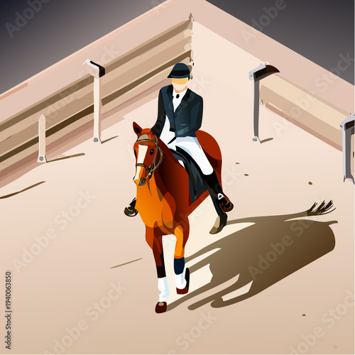 Elegant equestrian rider in formal attire on a graceful horse illustration.