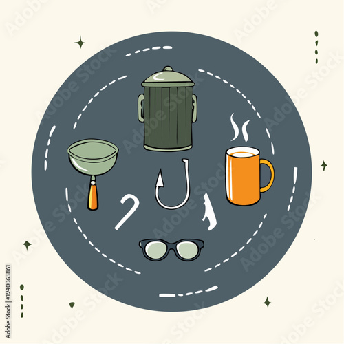 Vector illustration of assorted everyday objects in a circular frame.