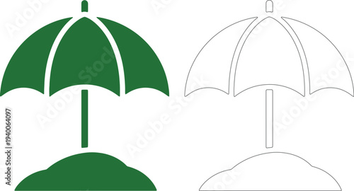 Green beach umbrella silhouette on sand and outline version