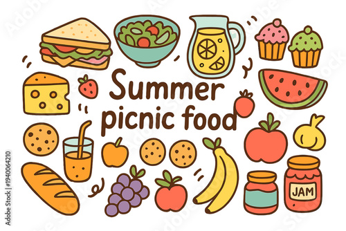 Summer Picnic Doodles. Summer picnic food. Hand-drawn doodle illustration of summer picnic food. Sandwiches,