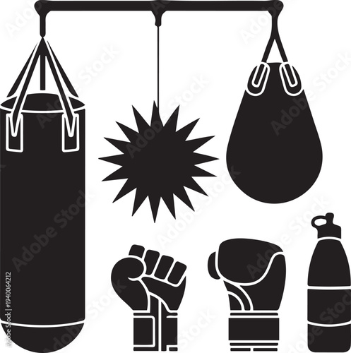Boxing Equipment Silhouettes Vector Punching Bag, Gloves, Speedball And Training Icons
