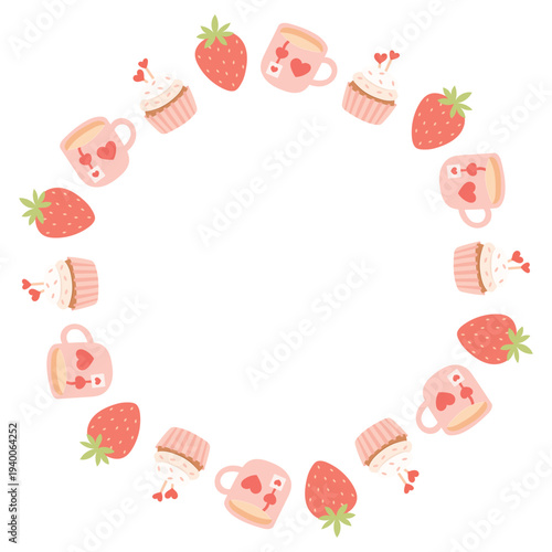 Romantic love wreath with strawberry, cupcake and tea cup