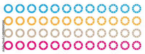 Circle pie chart diagram. Circle pie chart. 1,2,3,4,5,6,7,8,9,10,11,12 sections or steps.Wheel round diagram part symbol. Different color circles donut and pie chart set. 