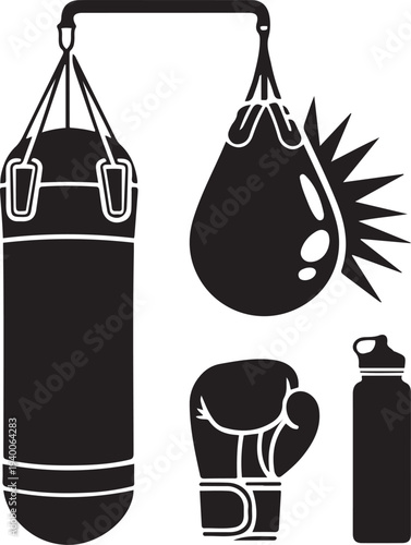 Boxing Equipment Silhouettes Vector Punching Bag, Gloves, Speedball And Training Icons
