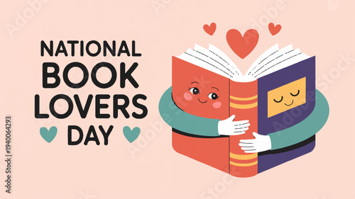 National book lovers day poster with cartoon books and hearts on a pink background