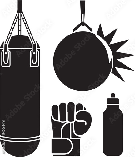 Boxing Equipment Silhouettes Vector Punching Bag, Gloves, Speedball And Training Icons
