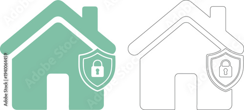 Green house silhouette with shield and lock outline