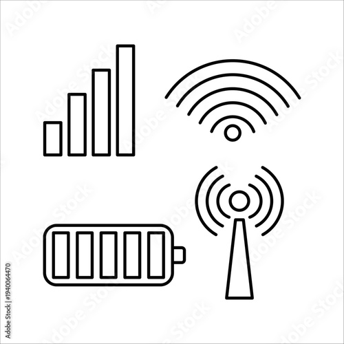 Mobile device interface icons set featuring cellular signal bars, full wifi connection, battery status, and network tower transmitter in minimalist line art style.