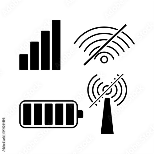 Mobile phone status icons set including cellular signal strength, no wifi connection, battery level, and no network tower signal in minimalist line art style.