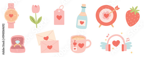 Romantic love set with heart, ring, strawberry and envelope