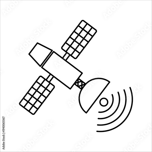Artificial satelite in orbit around earth. Flat style. On white background. Thin line.