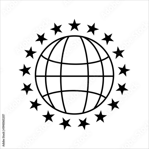 Global network vector icon featuring a world globe surrounded by a circle of black stars. Concept of international achievement, worldwide cooperation, and global excellence. Isolated on a white backgr
